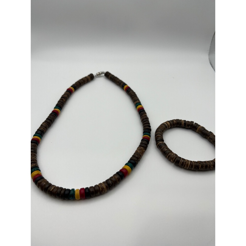 Handmade‎ Coconut Shell Bead Necklace and Bracelet Set Brown Red Yellow Green